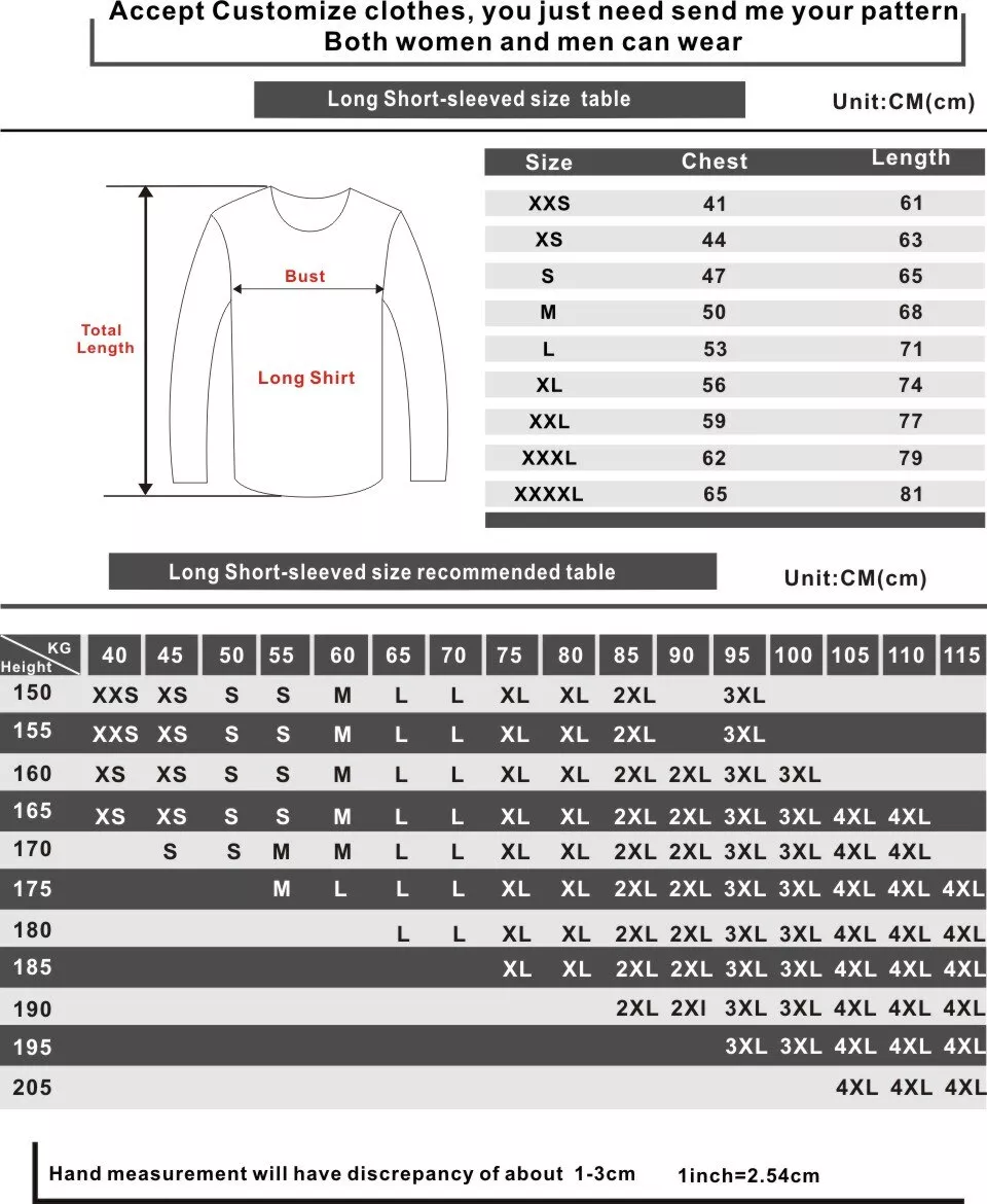 LongSleeve Size Chart